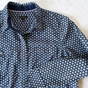 Talbots Cotton Blouse Women's 14 Long Sleeve Navy Blue Purple Turquoise Print
